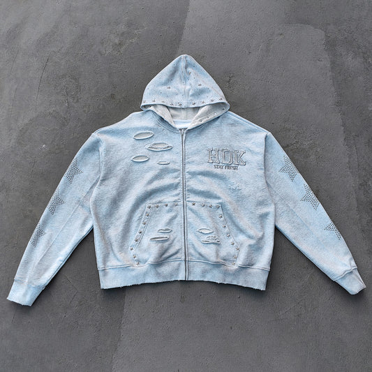 Star Rhinestone Zip Up Hoodie - Light Gray Studded Ripped Distressed Y2K Streetwear