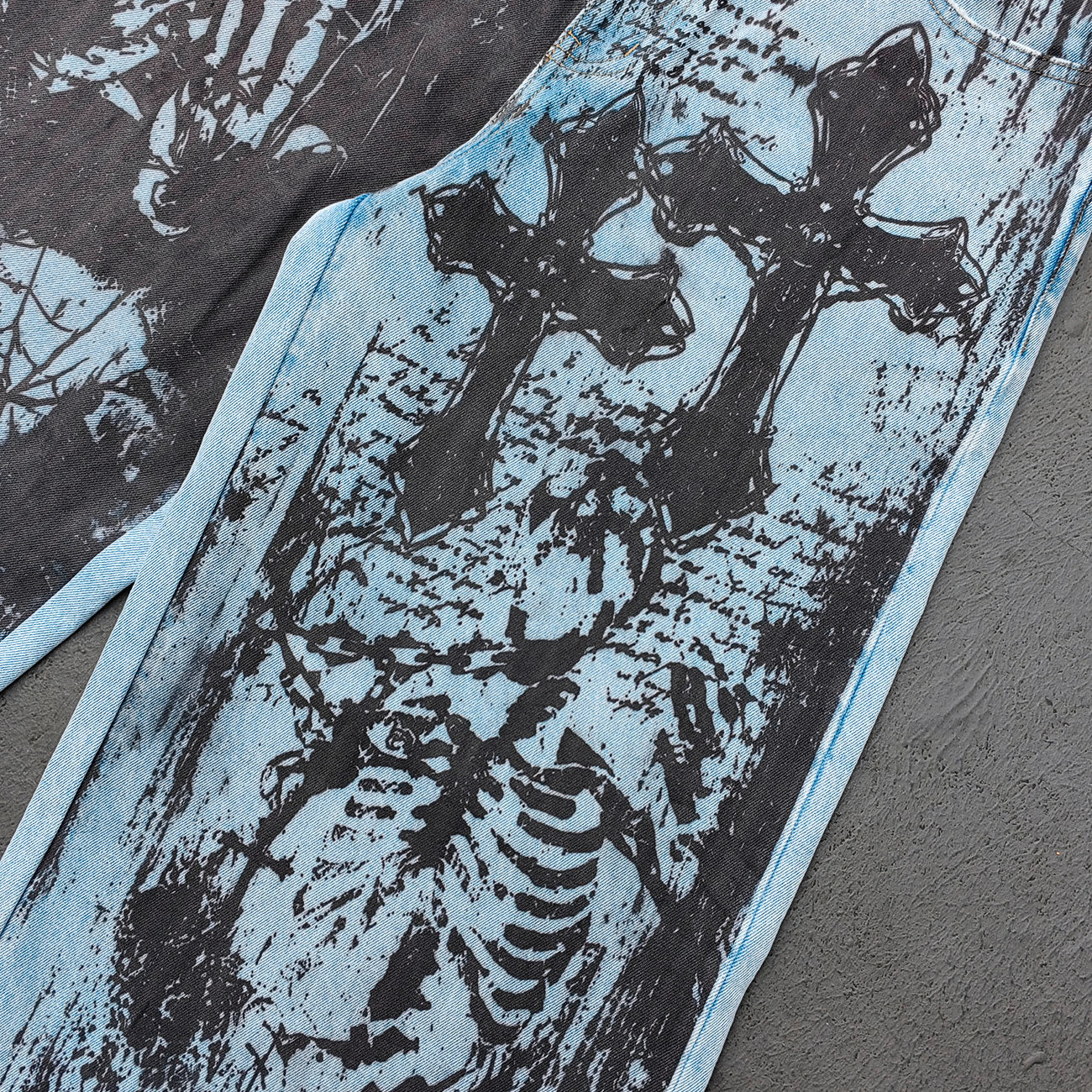 Y2K Gothic Jeans - Light Blue Wash Skull Cross Spider Print All Over Dark Graphic Wide Leg Baggy Oversized