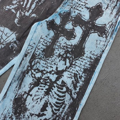 Y2K Gothic Jeans - Light Blue Wash Skull Cross Spider Print All Over Dark Graphic Wide Leg Baggy Oversized
