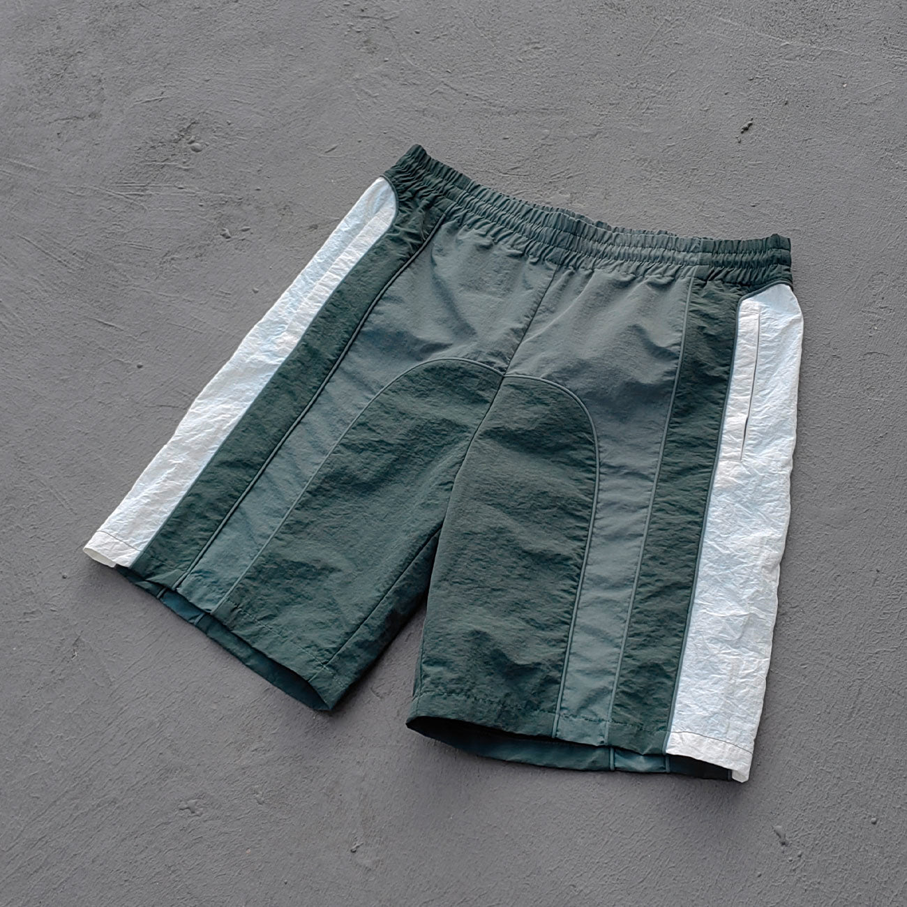 Color Block Track Shorts - Dark Green Reflective Panel Y2K Nylon Streetwear