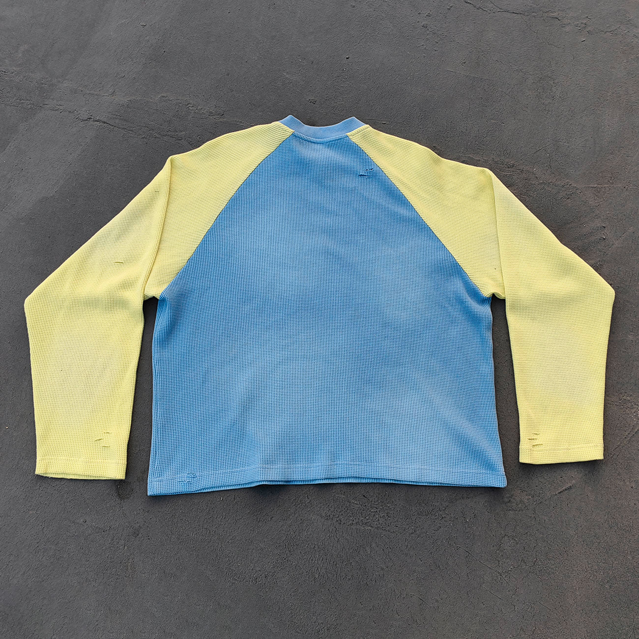 Graffiti Print Raglan Long Sleeve - Blue Yellow Color Block Waffle Knit Y2K Streetwear