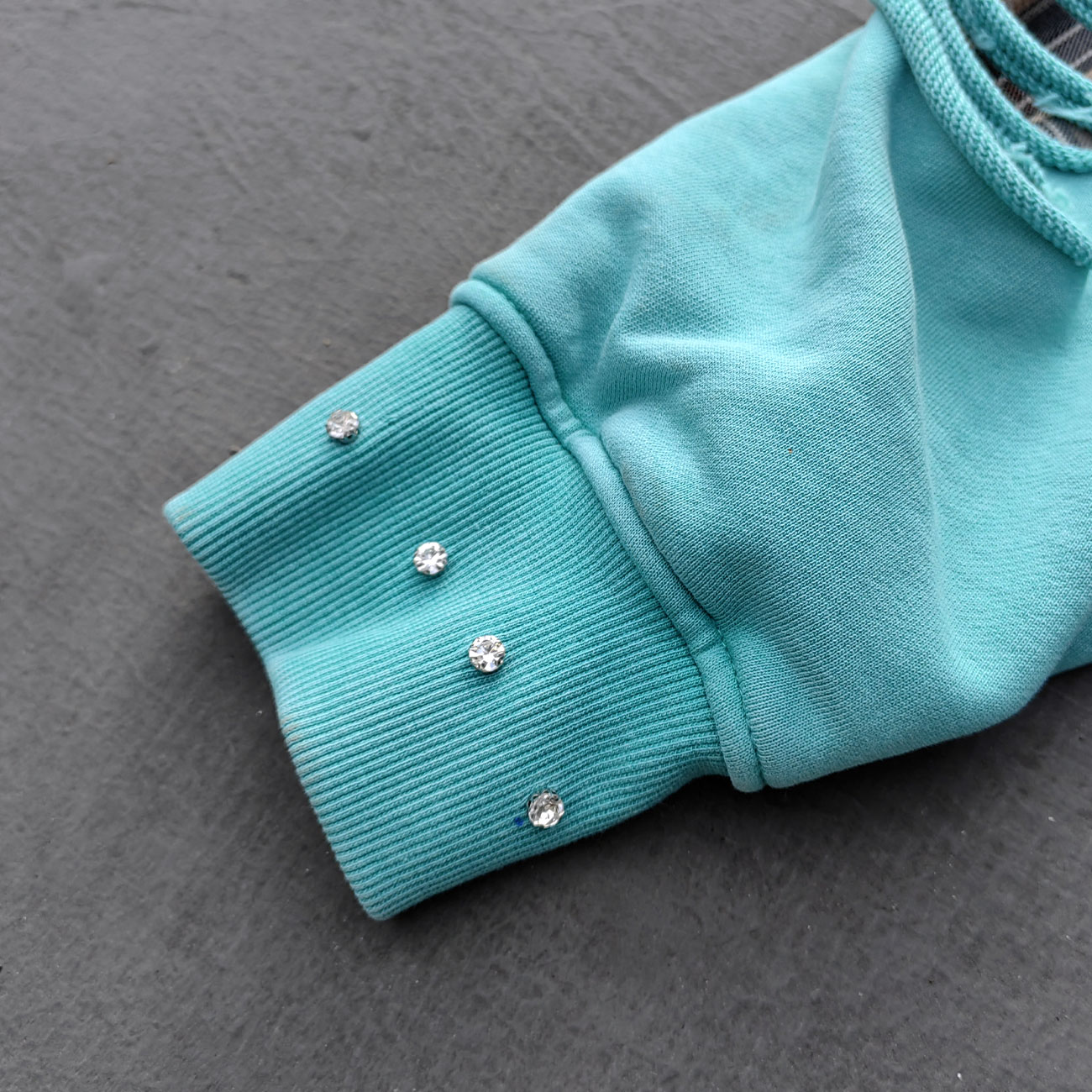 Heavily Distressed Zip Up Hoodie - Mint Studded Ripped Plaid Lining Y2K