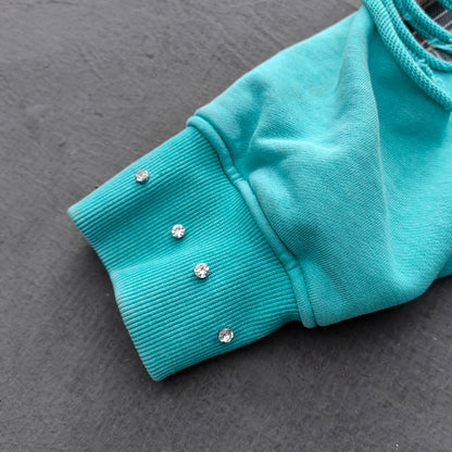 Heavily Distressed Zip Up Hoodie - Mint Studded Ripped Plaid Lining Y2K