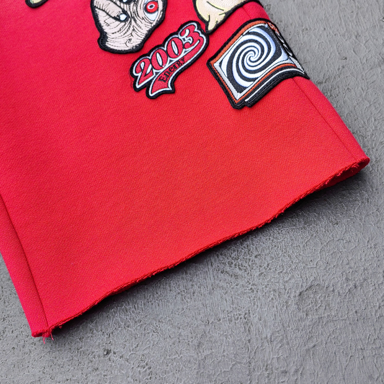 Red Glory Patch Pants - Multi Badge Embroidered Acid Wash Wide Leg Drawstring Y2K Oversized