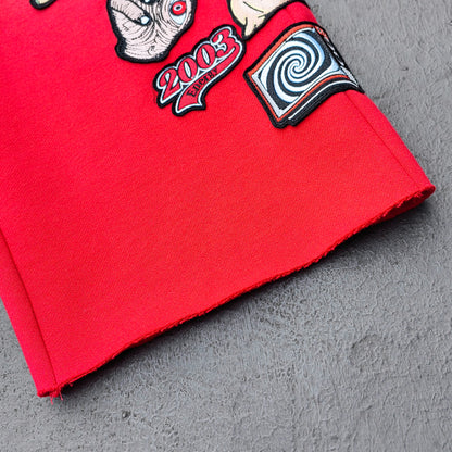 Red Glory Patch Pants - Multi Badge Embroidered Acid Wash Wide Leg Drawstring Y2K Oversized