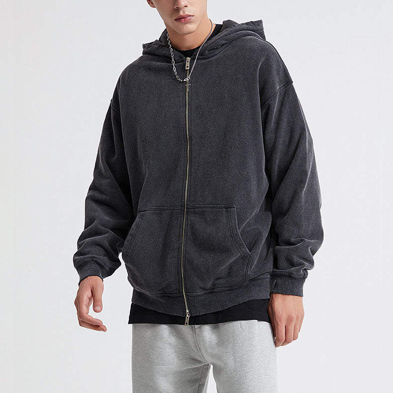 Huili manufacturer heavy 420g wool zipper hoodie pure cotton made old vintage edging damage hoodie