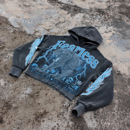 Vintage Wash Panther Hoodie - Distressed Y2K Streetwear Sweatshirt