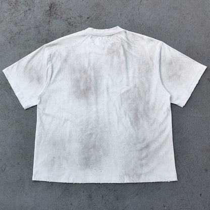 Art Collage Graphic Tee - White Acid Wash Face Print Vintage Painting Ripped Y2K Streetwear