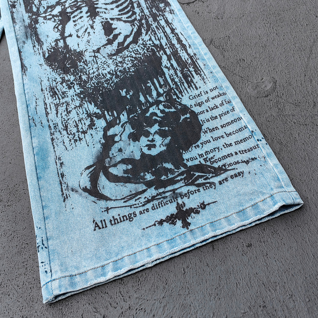 Y2K Gothic Jeans - Light Blue Wash Skull Cross Spider Print All Over Dark Graphic Wide Leg Baggy Oversized