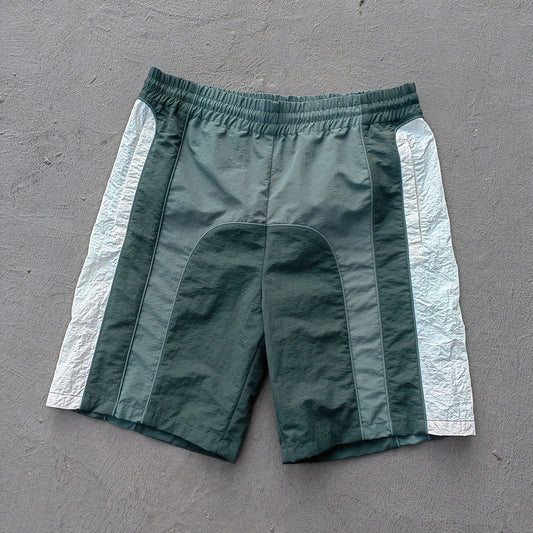 Color Block Track Shorts - Dark Green Reflective Panel Y2K Nylon Streetwear