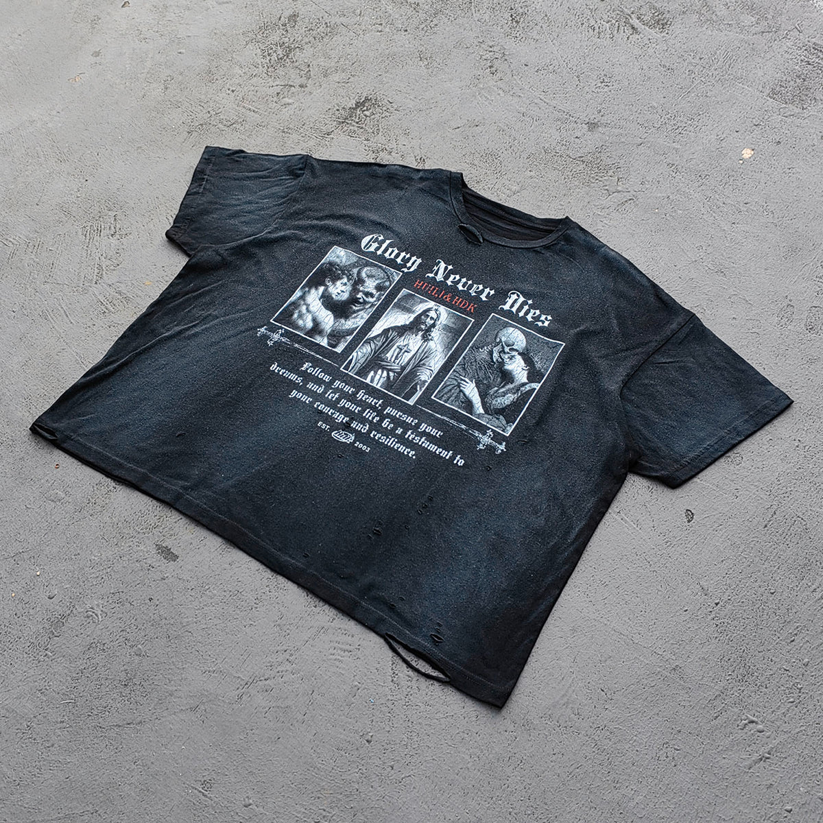 Glory Never Dies Graphic Tee - Black Acid Wash Religious Collage Print Distressed Ripped Y2K Streetwear