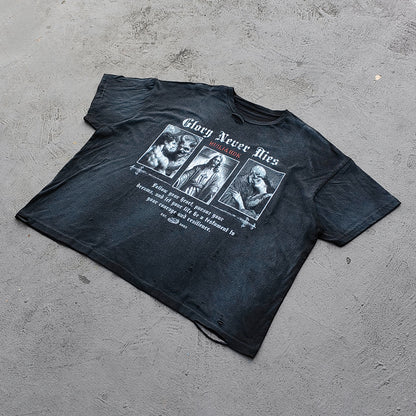 Glory Never Dies Graphic Tee - Black Acid Wash Religious Collage Print Distressed Ripped Y2K Streetwear