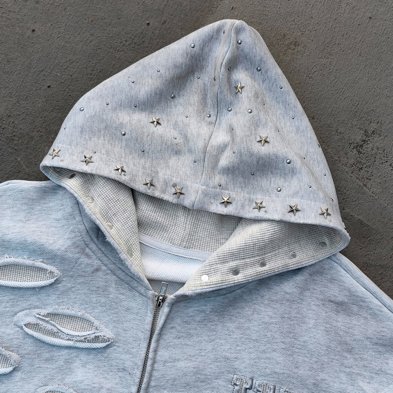 Star Rhinestone Zip Up Hoodie - Light Gray Studded Ripped Distressed Y2K Streetwear