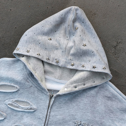 Star Rhinestone Zip Up Hoodie - Light Gray Studded Ripped Distressed Y2K Streetwear