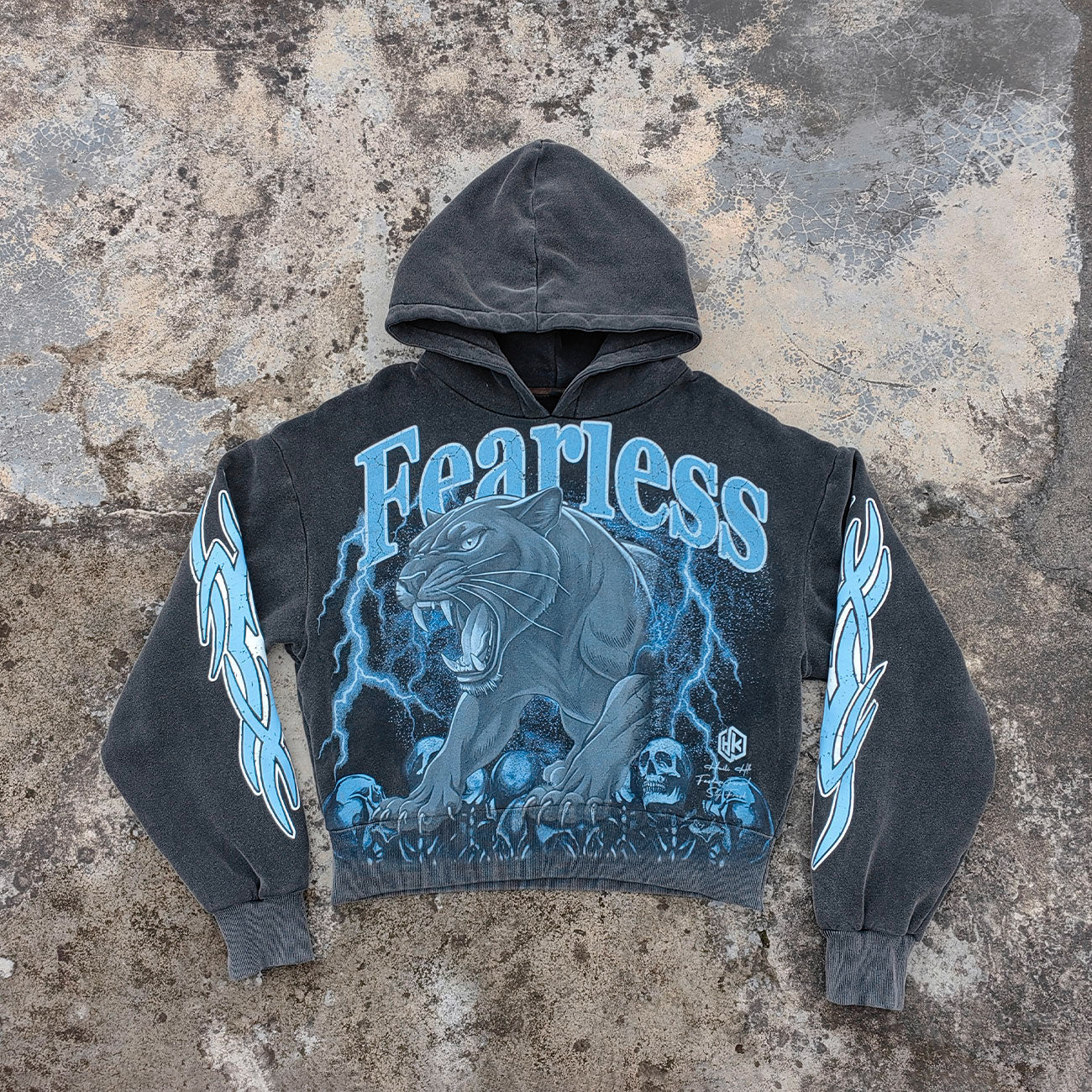 Vintage Wash Panther Hoodie - Distressed Y2K Streetwear Sweatshirt