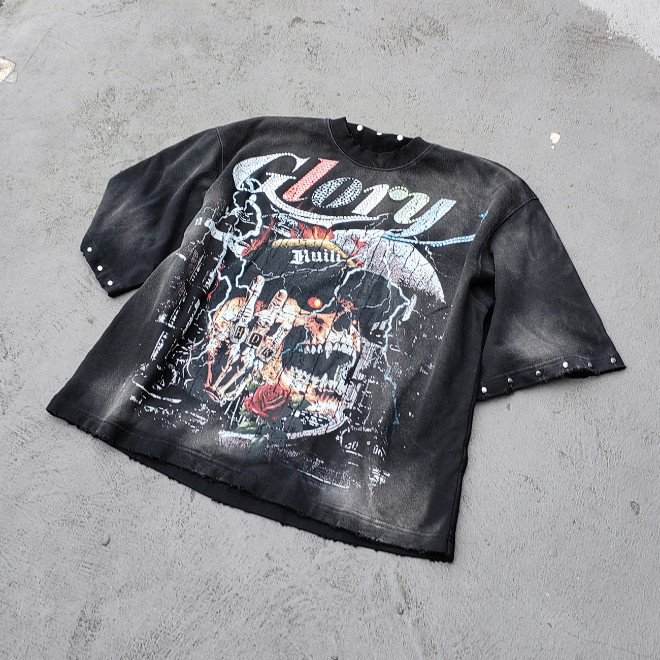 Glory Rhinestone Graphic Tee - Black Acid Wash Skull Print Studded Ripped Y2K Streetwear