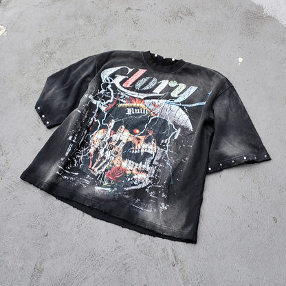 Glory Rhinestone Graphic Tee - Black Acid Wash Skull Print Studded Ripped Y2K Streetwear