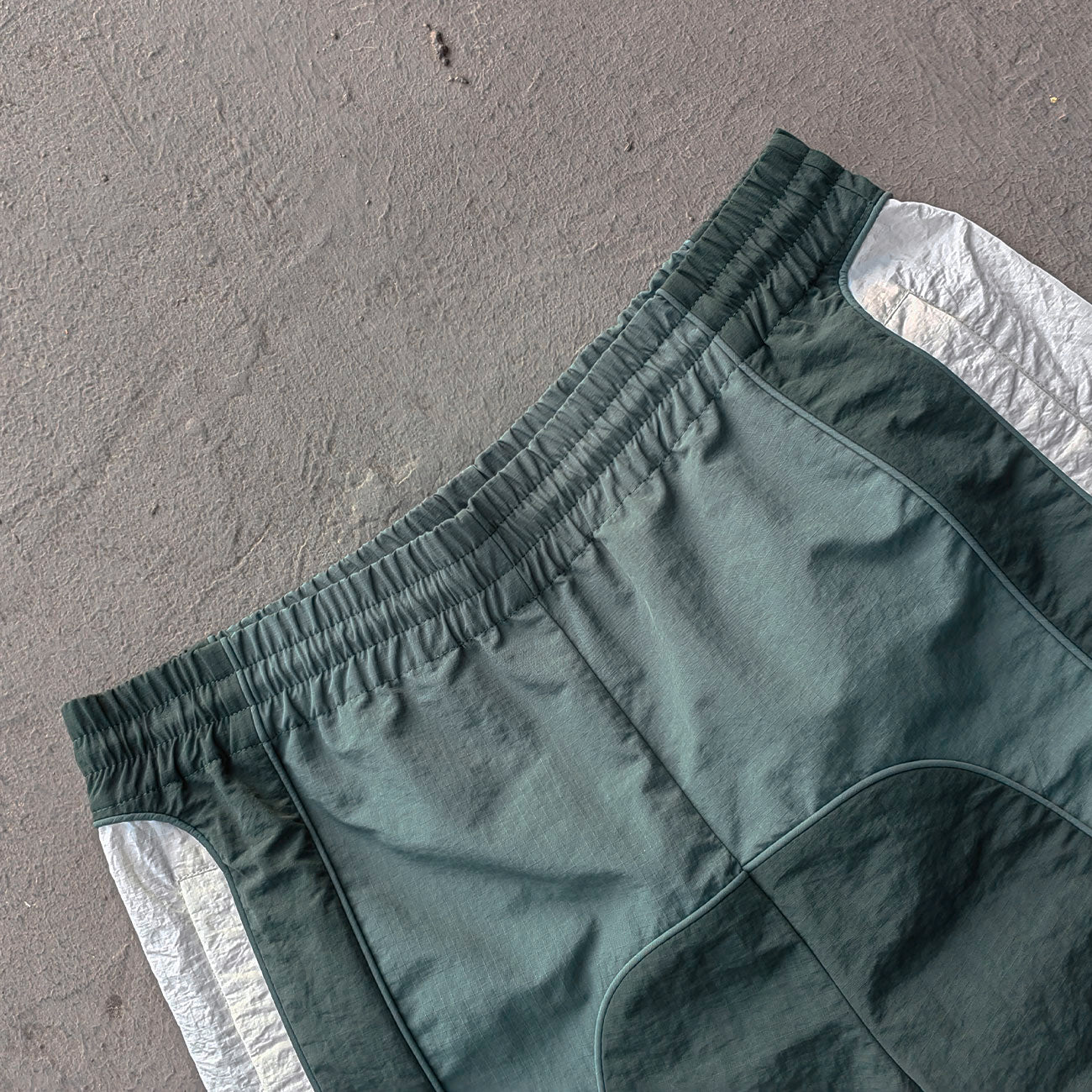 Color Block Track Shorts - Dark Green Reflective Panel Y2K Nylon Streetwear