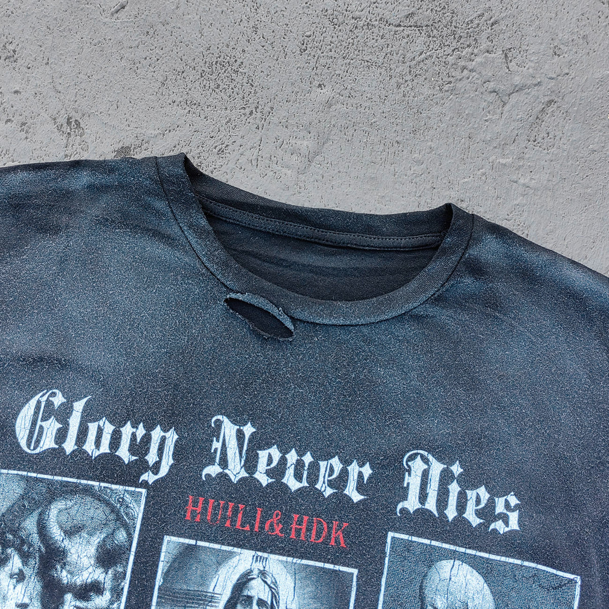 Glory Never Dies Graphic Tee - Black Acid Wash Religious Collage Print Distressed Ripped Y2K Streetwear