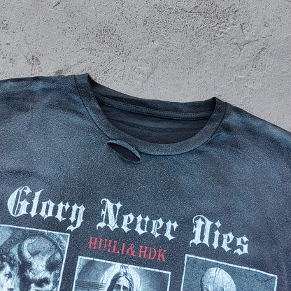 Glory Never Dies Graphic Tee - Black Acid Wash Religious Collage Print Distressed Ripped Y2K Streetwear