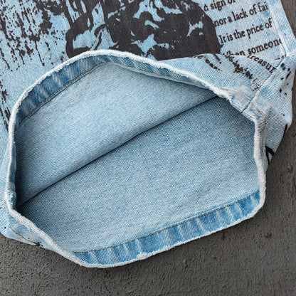 Y2K Gothic Jeans - Light Blue Wash Skull Cross Spider Print All Over Dark Graphic Wide Leg Baggy Oversized