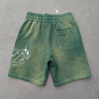Gradient Wash Hoodie Shorts Set - Olive Green HDK Star Logo Rhinestone Y2K Streetwear