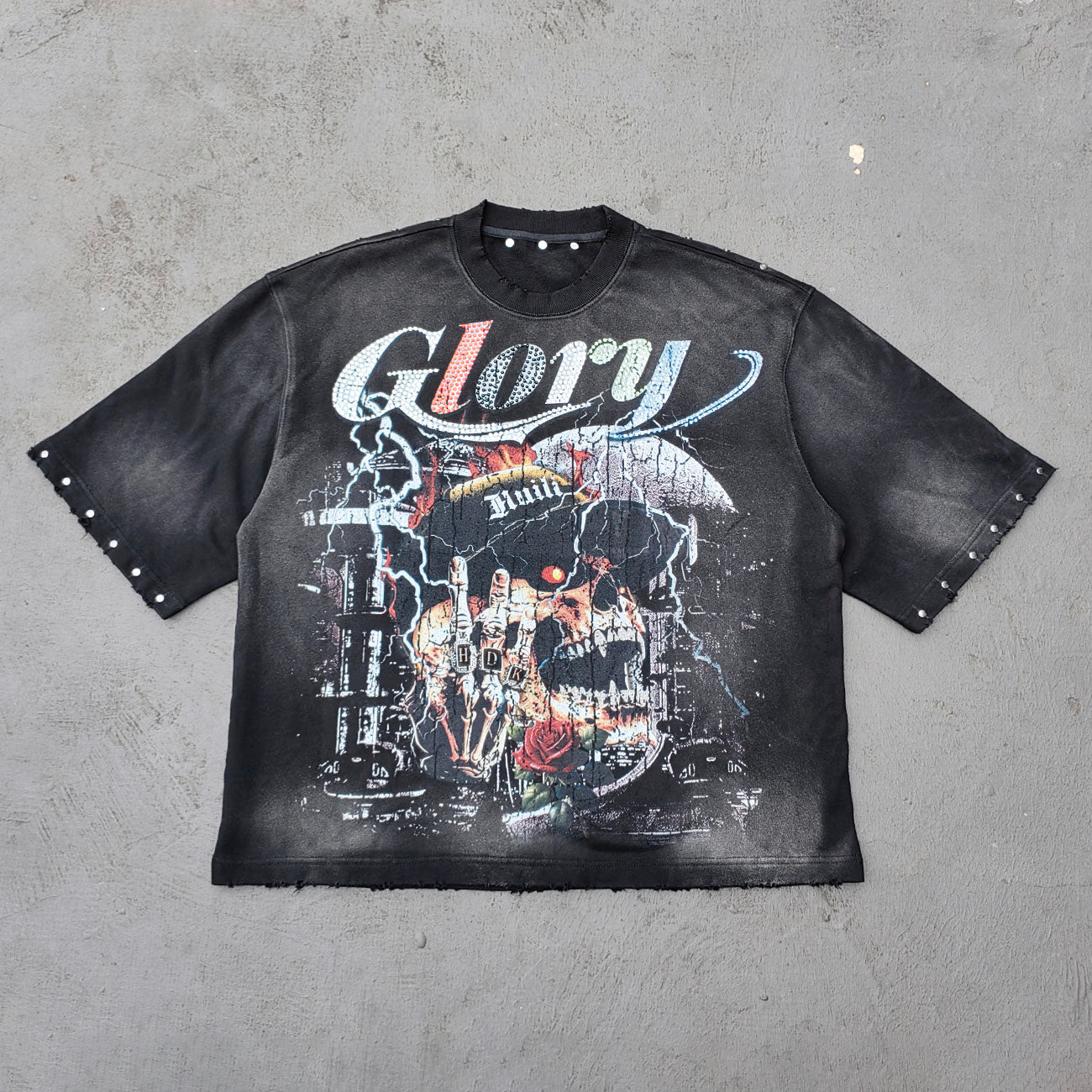 Glory Rhinestone Graphic Tee - Black Acid Wash Skull Print Studded Ripped Y2K Streetwear