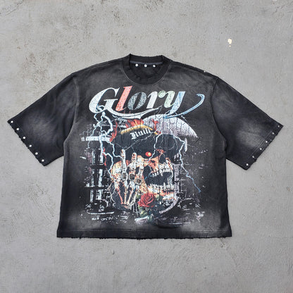 Glory Rhinestone Graphic Tee - Black Acid Wash Skull Print Studded Ripped Y2K Streetwear