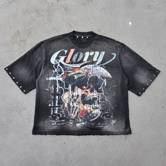 Glory Rhinestone Graphic Tee - Black Acid Wash Skull Print Studded Ripped Y2K Streetwear