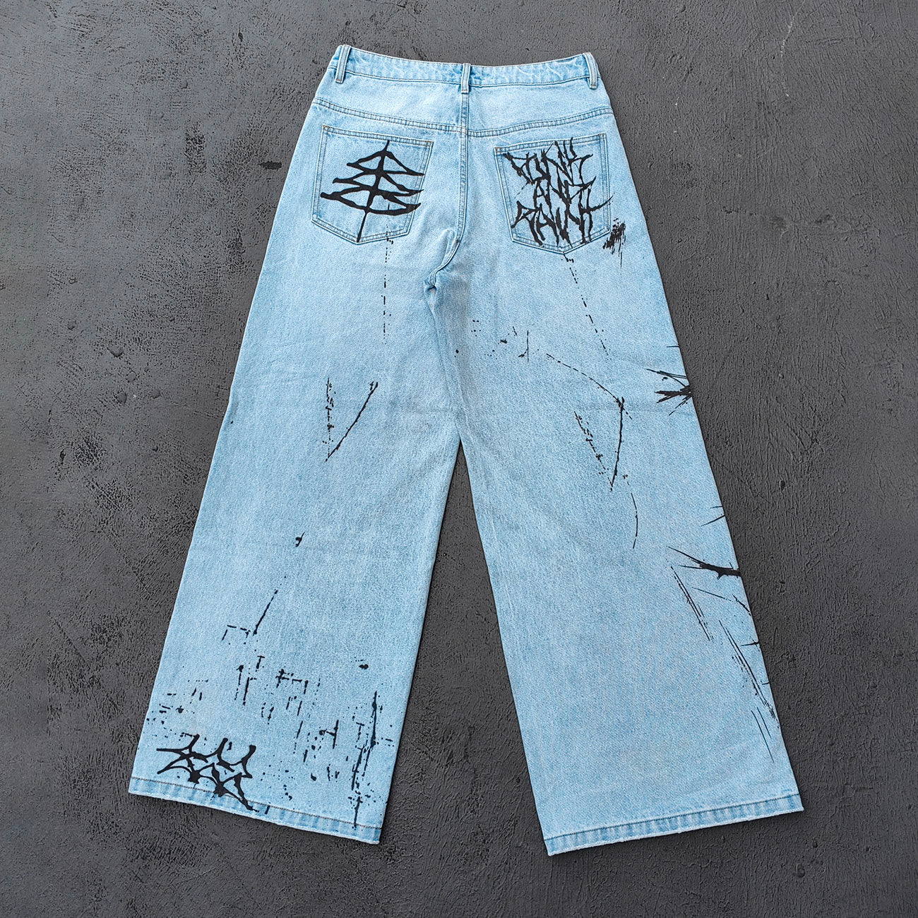 Y2K Gothic Jeans - Light Blue Wash Skull Cross Spider Print All Over Dark Graphic Wide Leg Baggy Oversized