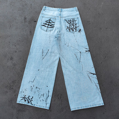 Y2K Gothic Jeans - Light Blue Wash Skull Cross Spider Print All Over Dark Graphic Wide Leg Baggy Oversized