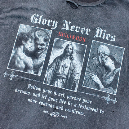 Glory Never Dies Graphic Tee - Black Acid Wash Religious Collage Print Distressed Ripped Y2K Streetwear