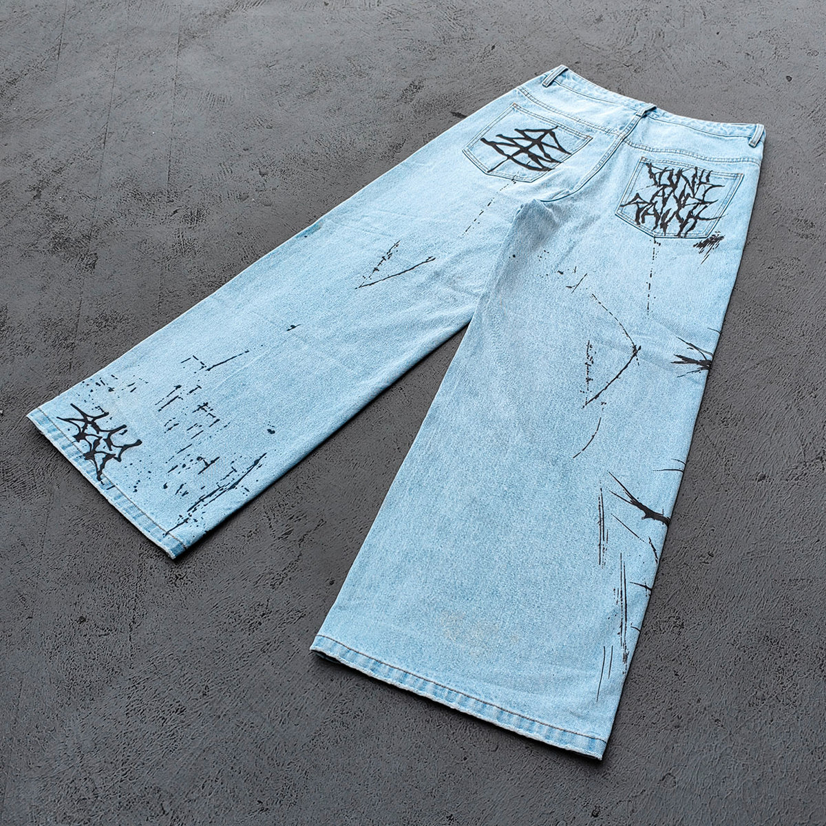 Y2K Gothic Jeans - Light Blue Wash Skull Cross Spider Print All Over Dark Graphic Wide Leg Baggy Oversized