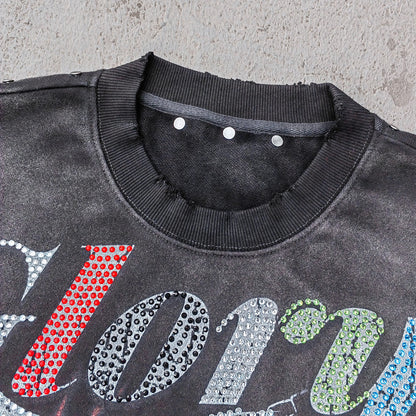 Glory Rhinestone Graphic Tee - Black Acid Wash Skull Print Studded Ripped Y2K Streetwear