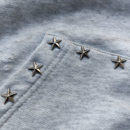 Star Rhinestone Zip Up Hoodie - Light Gray Studded Ripped Distressed Y2K Streetwear