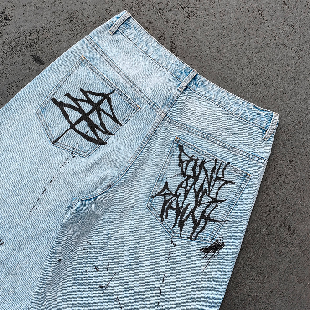 Y2K Gothic Jeans - Light Blue Wash Skull Cross Spider Print All Over Dark Graphic Wide Leg Baggy Oversized