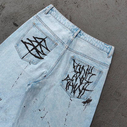 Y2K Gothic Jeans - Light Blue Wash Skull Cross Spider Print All Over Dark Graphic Wide Leg Baggy Oversized