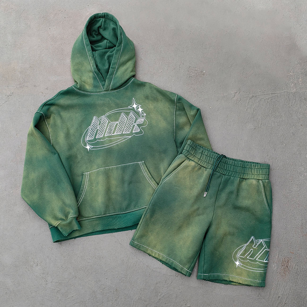 Gradient Wash Hoodie Shorts Set - Olive Green HDK Star Logo Rhinestone Y2K Streetwear