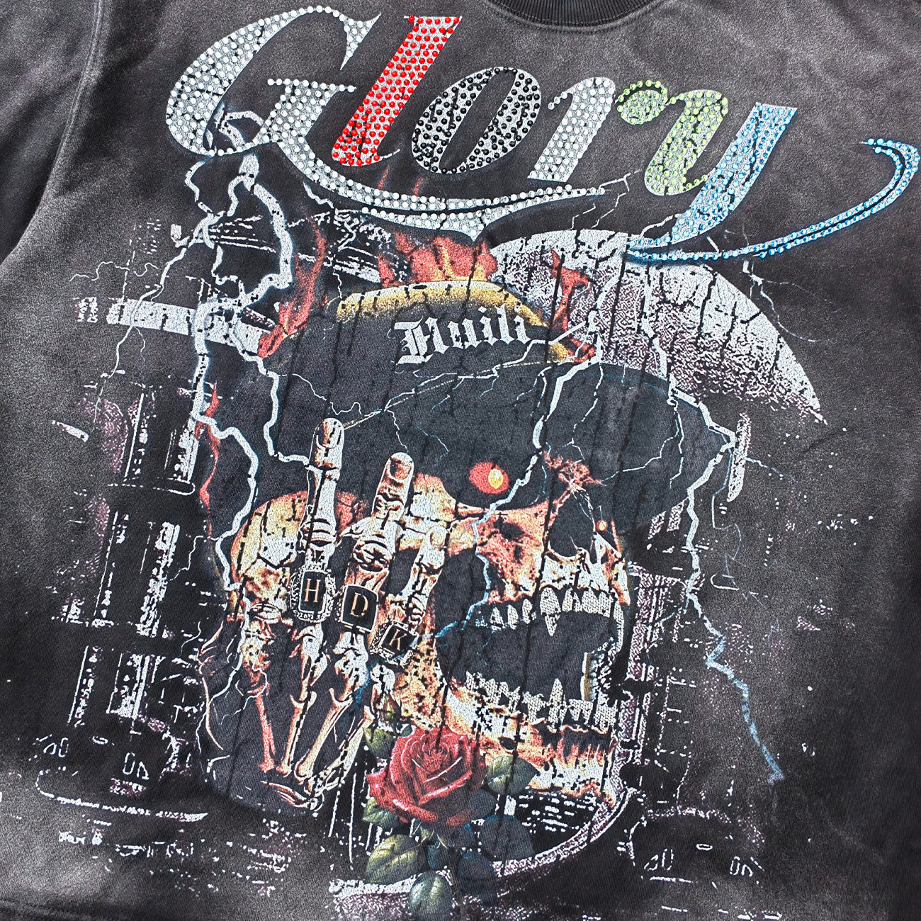 Glory Rhinestone Graphic Tee - Black Acid Wash Skull Print Studded Ripped Y2K Streetwear