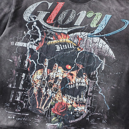 Glory Rhinestone Graphic Tee - Black Acid Wash Skull Print Studded Ripped Y2K Streetwear