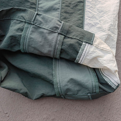 Color Block Track Shorts - Dark Green Reflective Panel Y2K Nylon Streetwear