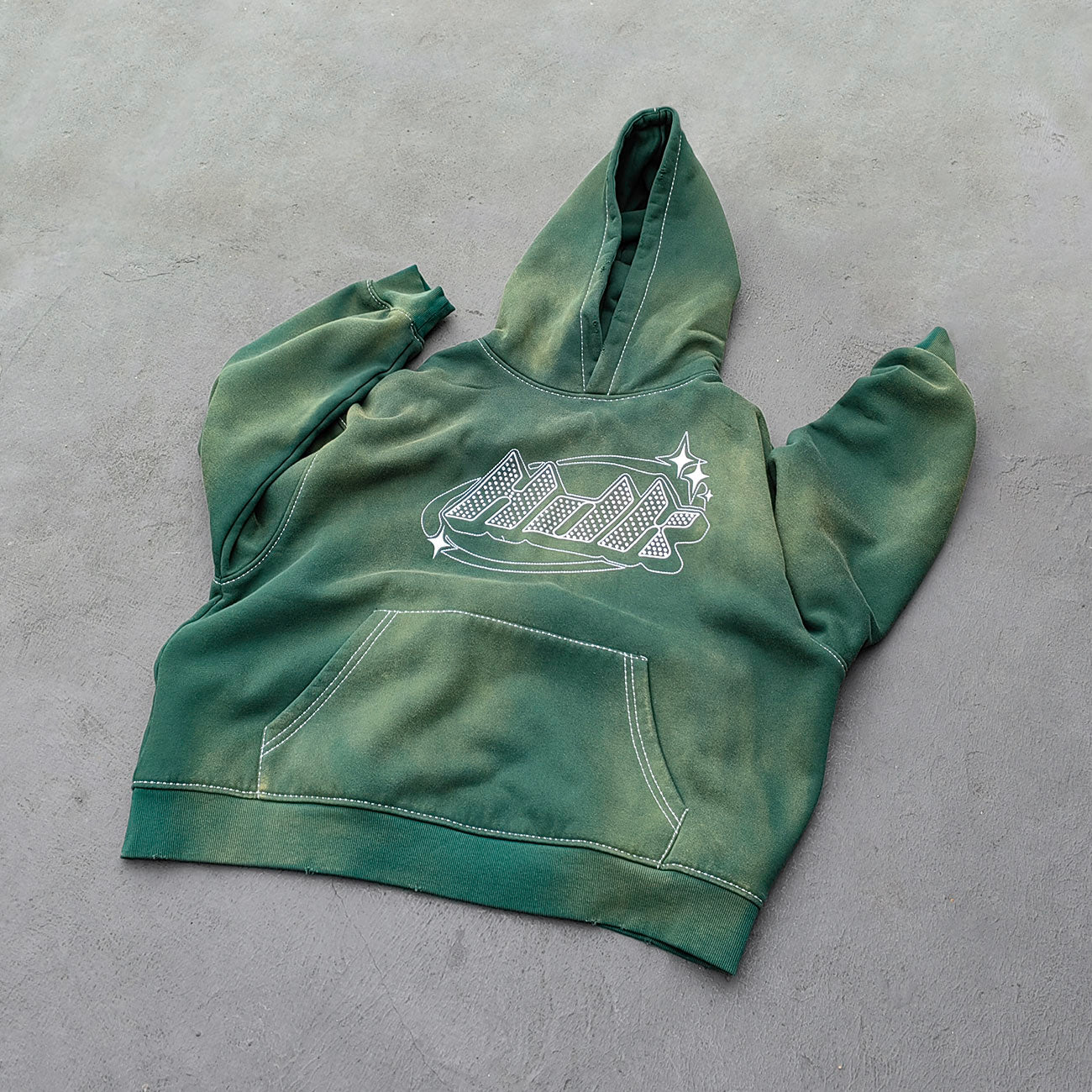 Gradient Wash Hoodie Shorts Set - Olive Green HDK Star Logo Rhinestone Y2K Streetwear