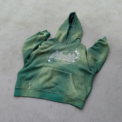 Gradient Wash Hoodie Shorts Set - Olive Green HDK Star Logo Rhinestone Y2K Streetwear