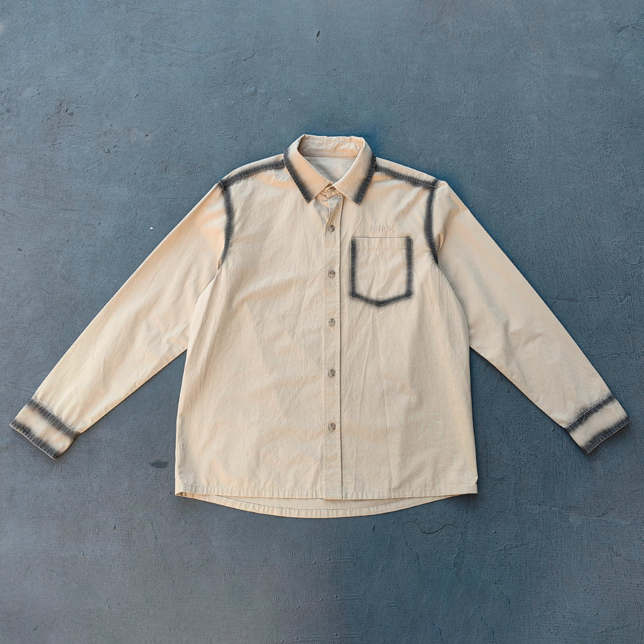 Distressed Trim Button Up Shirt - Khaki Spray Dye Y2K Oversized Streetwear