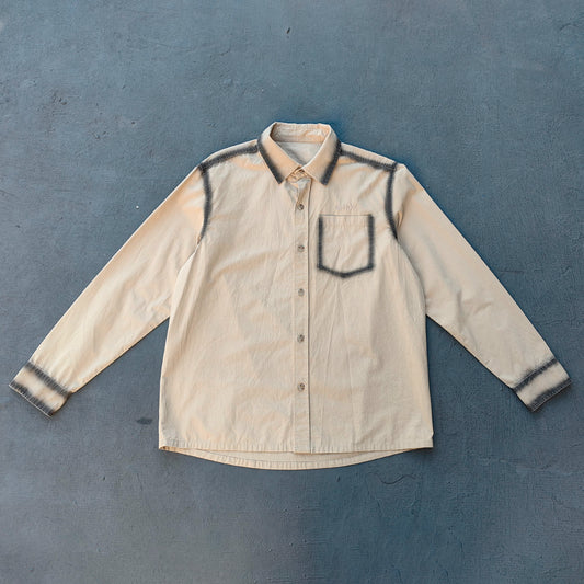 Distressed Trim Button Up Shirt - Khaki Spray Dye Y2K Oversized Streetwear