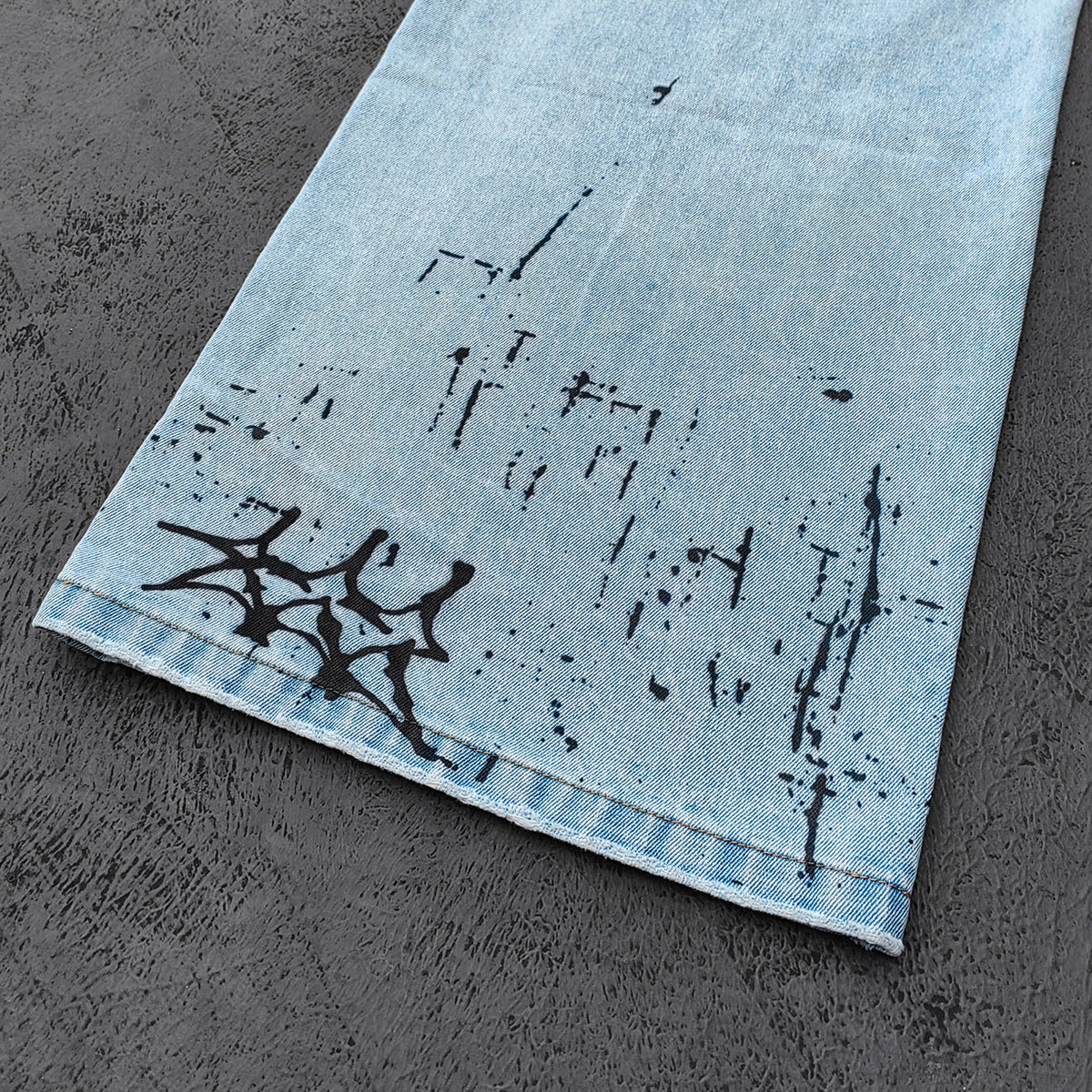Y2K Gothic Jeans - Light Blue Wash Skull Cross Spider Print All Over Dark Graphic Wide Leg Baggy Oversized