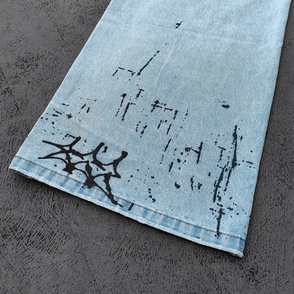 Y2K Gothic Jeans - Light Blue Wash Skull Cross Spider Print All Over Dark Graphic Wide Leg Baggy Oversized