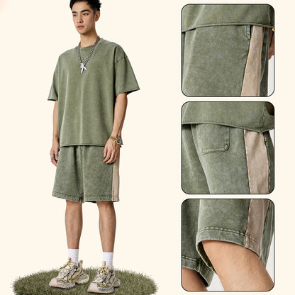 Vintage spliced webbing oversized contrast shorts drawstring casual pants five-point pants