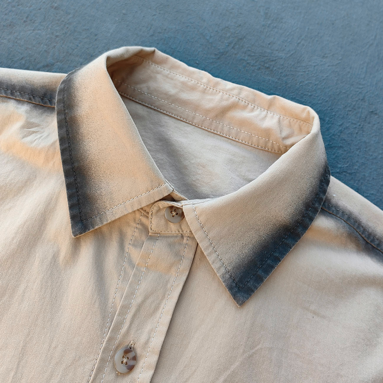 Distressed Trim Button Up Shirt - Khaki Spray Dye Y2K Oversized Streetwear