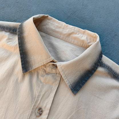 Distressed Trim Button Up Shirt - Khaki Spray Dye Y2K Oversized Streetwear